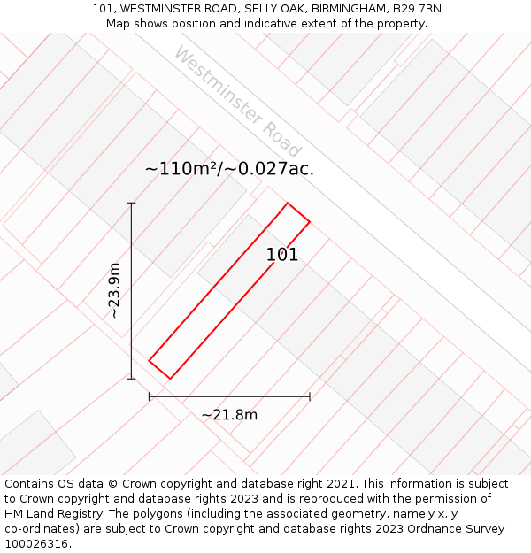 101, WESTMINSTER ROAD, SELLY OAK, BIRMINGHAM, B29 7RN: Plot and title map