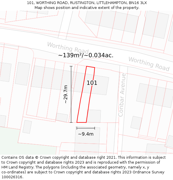 101, WORTHING ROAD, RUSTINGTON, LITTLEHAMPTON, BN16 3LX: Plot and title map