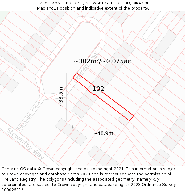 102, ALEXANDER CLOSE, STEWARTBY, BEDFORD, MK43 9LT: Plot and title map