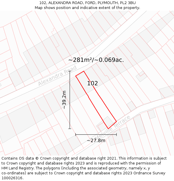 102, ALEXANDRA ROAD, FORD, PLYMOUTH, PL2 3BU: Plot and title map
