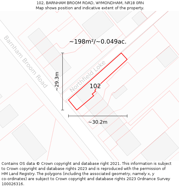 102, BARNHAM BROOM ROAD, WYMONDHAM, NR18 0RN: Plot and title map