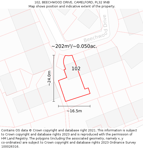 102, BEECHWOOD DRIVE, CAMELFORD, PL32 9NB: Plot and title map