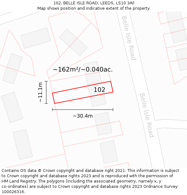 102, BELLE ISLE ROAD, LEEDS, LS10 3AF: Plot and title map