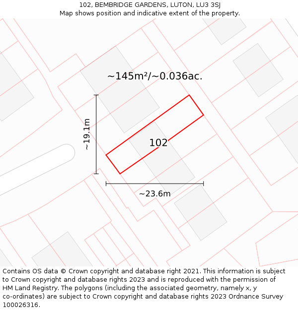 102, BEMBRIDGE GARDENS, LUTON, LU3 3SJ: Plot and title map
