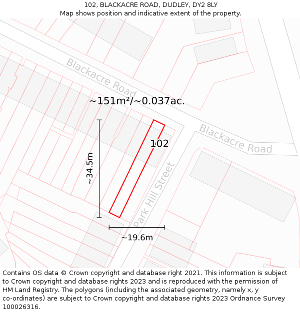 102, BLACKACRE ROAD, DUDLEY, DY2 8LY: Plot and title map