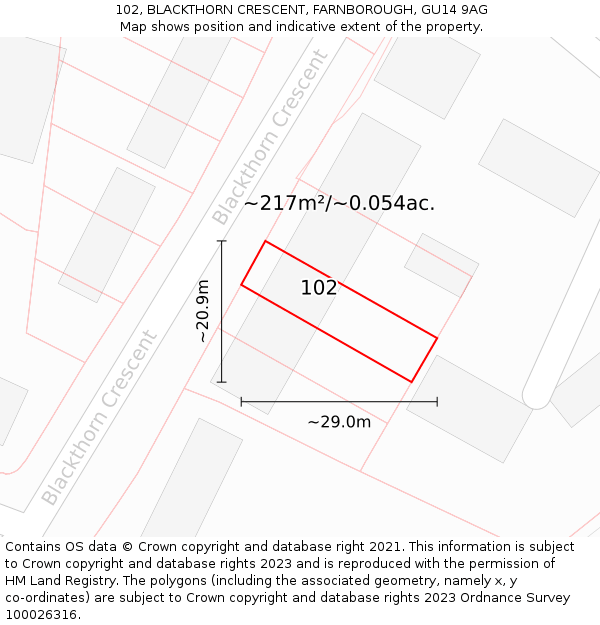102, BLACKTHORN CRESCENT, FARNBOROUGH, GU14 9AG: Plot and title map