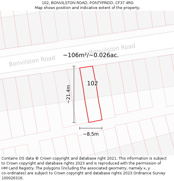 102, BONVILSTON ROAD, PONTYPRIDD, CF37 4RG: Plot and title map