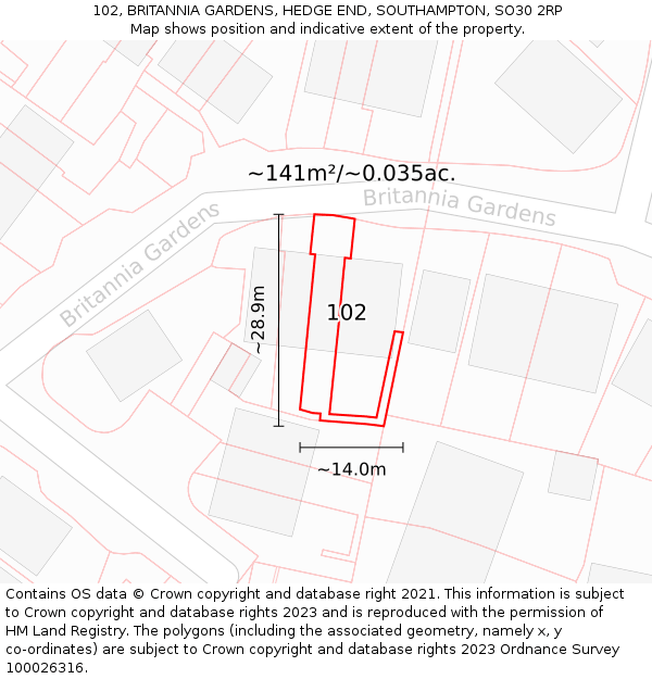 102, BRITANNIA GARDENS, HEDGE END, SOUTHAMPTON, SO30 2RP: Plot and title map