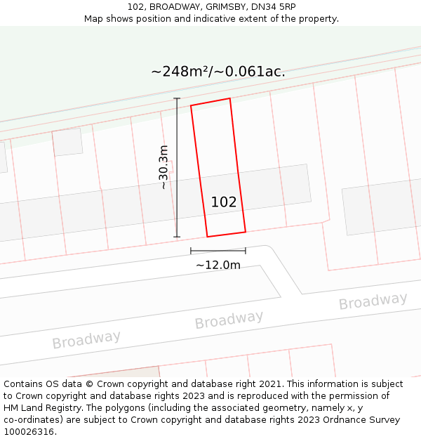 102, BROADWAY, GRIMSBY, DN34 5RP: Plot and title map