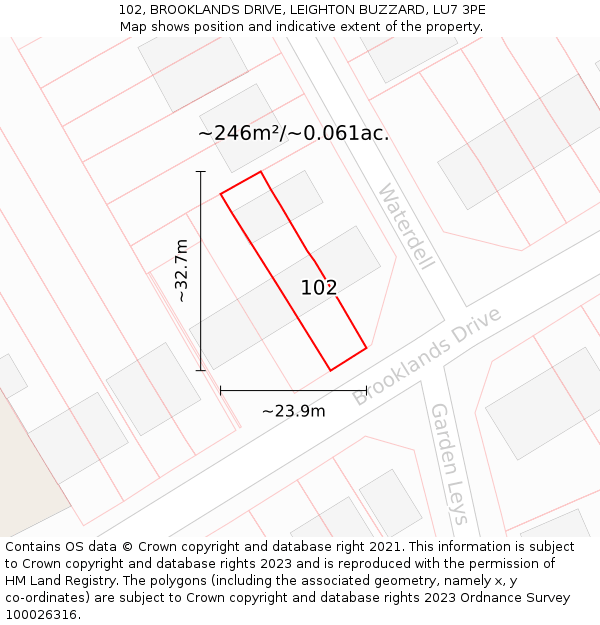 102, BROOKLANDS DRIVE, LEIGHTON BUZZARD, LU7 3PE: Plot and title map