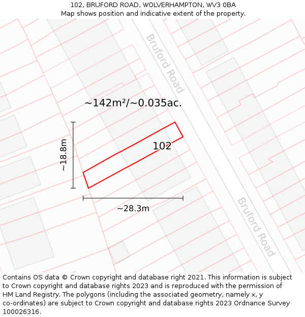 102, BRUFORD ROAD, WOLVERHAMPTON, WV3 0BA: Plot and title map