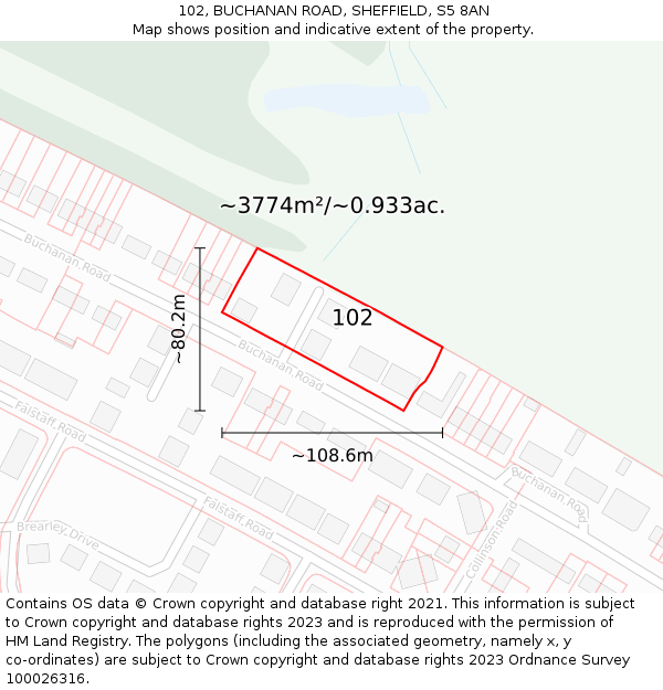 102, BUCHANAN ROAD, SHEFFIELD, S5 8AN: Plot and title map