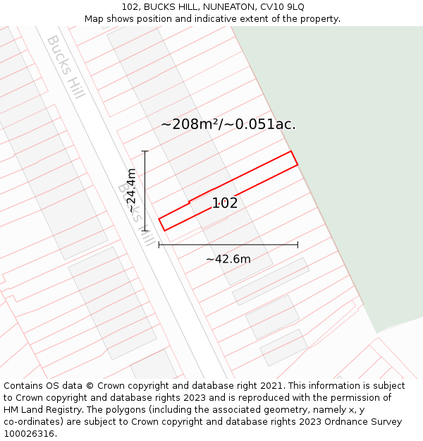 102, BUCKS HILL, NUNEATON, CV10 9LQ: Plot and title map