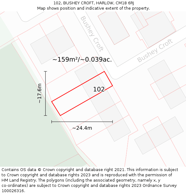 102, BUSHEY CROFT, HARLOW, CM18 6RJ: Plot and title map