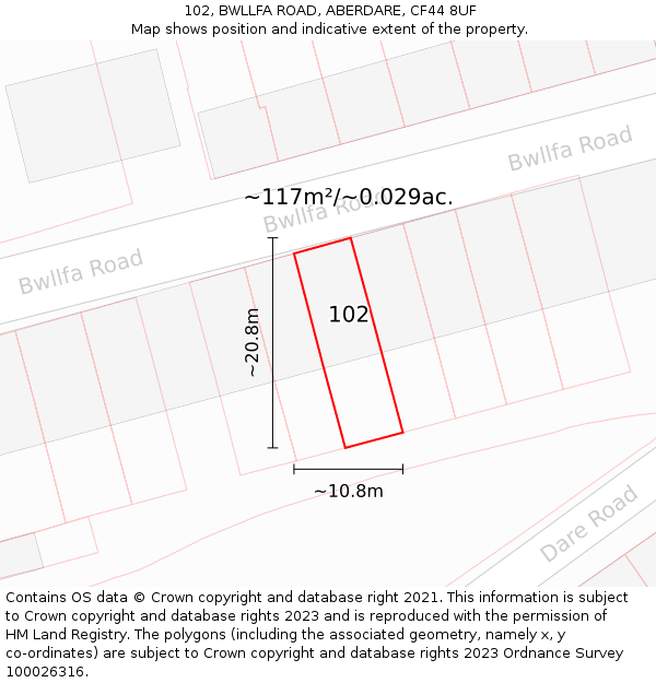102, BWLLFA ROAD, ABERDARE, CF44 8UF: Plot and title map