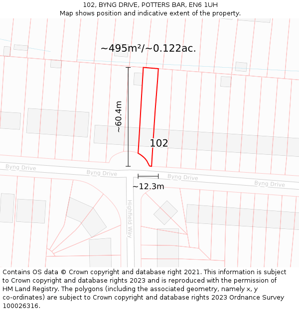 102, BYNG DRIVE, POTTERS BAR, EN6 1UH: Plot and title map