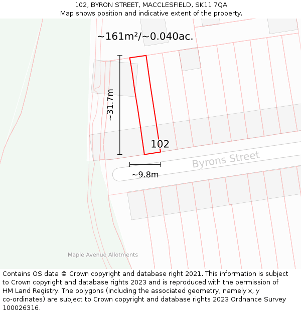 102, BYRON STREET, MACCLESFIELD, SK11 7QA: Plot and title map