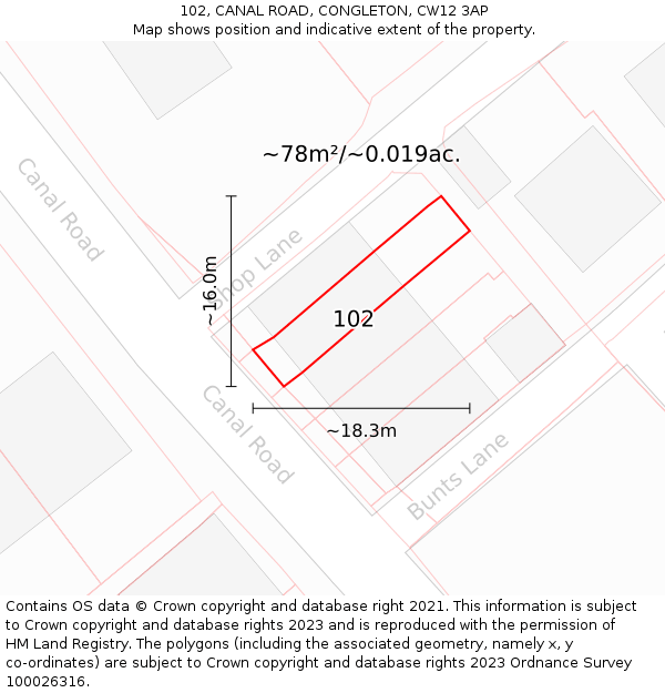 102, CANAL ROAD, CONGLETON, CW12 3AP: Plot and title map