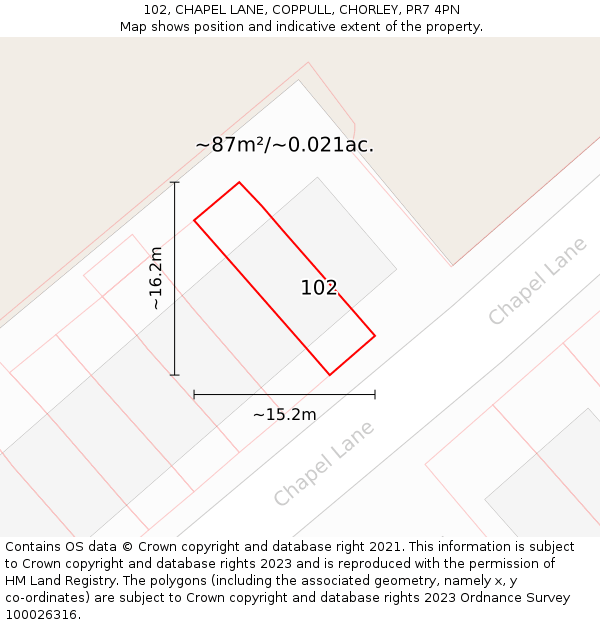 102, CHAPEL LANE, COPPULL, CHORLEY, PR7 4PN: Plot and title map