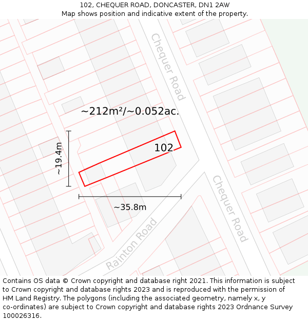 102, CHEQUER ROAD, DONCASTER, DN1 2AW: Plot and title map