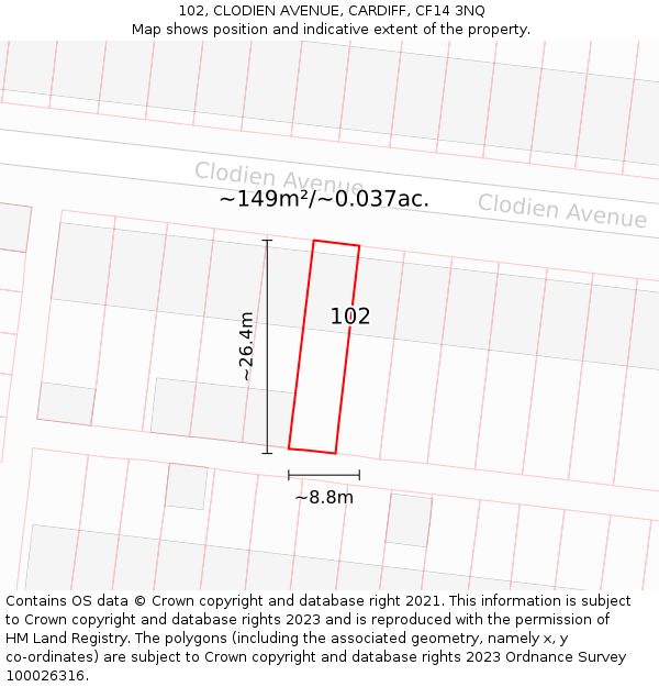 102, CLODIEN AVENUE, CARDIFF, CF14 3NQ: Plot and title map
