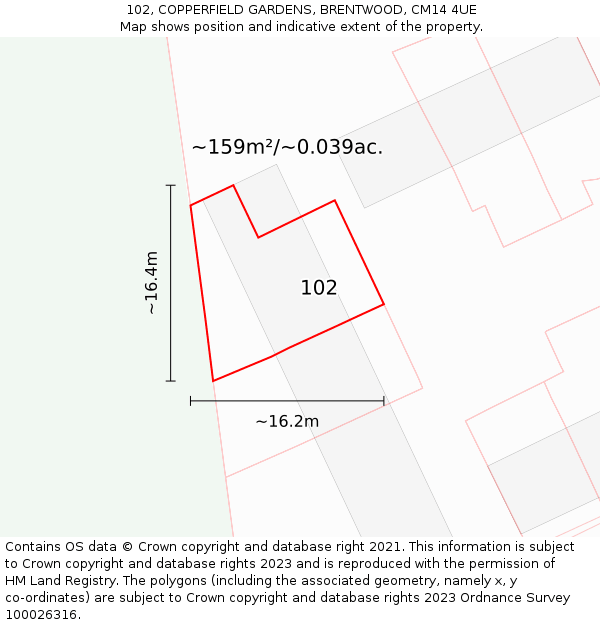 102, COPPERFIELD GARDENS, BRENTWOOD, CM14 4UE: Plot and title map