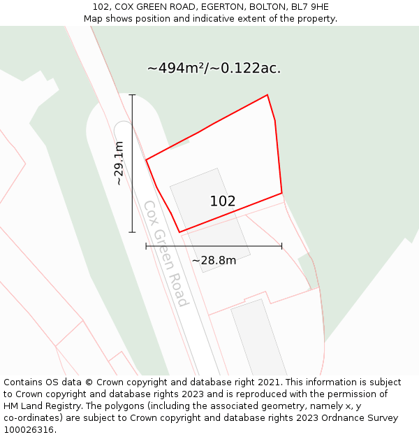 102, COX GREEN ROAD, EGERTON, BOLTON, BL7 9HE: Plot and title map