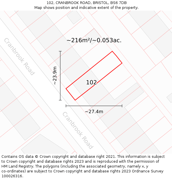 102, CRANBROOK ROAD, BRISTOL, BS6 7DB: Plot and title map