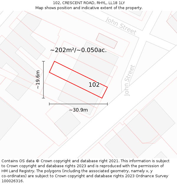 102, CRESCENT ROAD, RHYL, LL18 1LY: Plot and title map