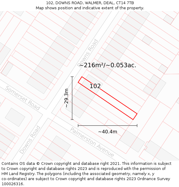 102, DOWNS ROAD, WALMER, DEAL, CT14 7TB: Plot and title map