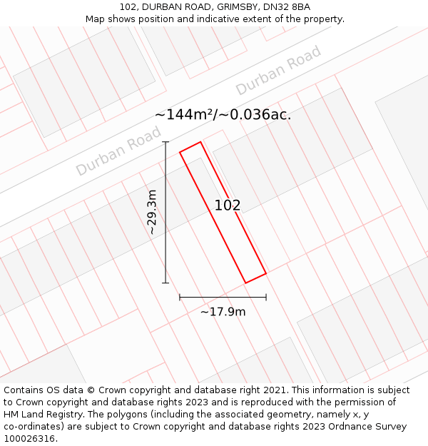 102, DURBAN ROAD, GRIMSBY, DN32 8BA: Plot and title map