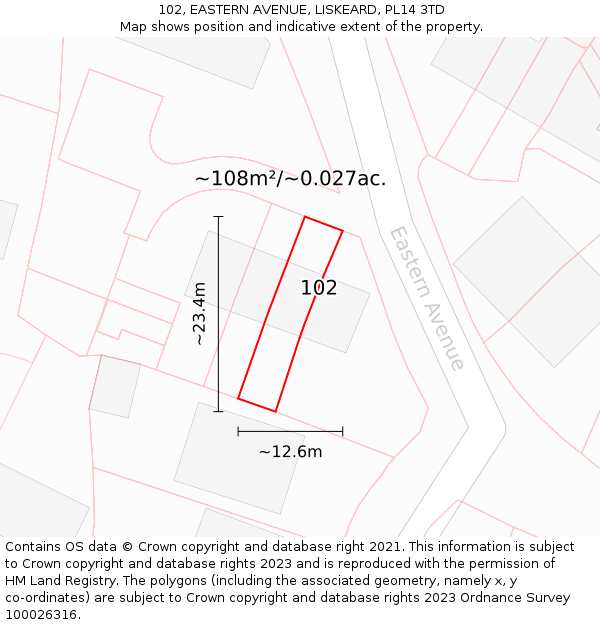 102, EASTERN AVENUE, LISKEARD, PL14 3TD: Plot and title map