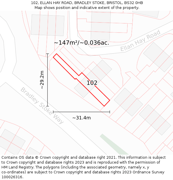 102, ELLAN HAY ROAD, BRADLEY STOKE, BRISTOL, BS32 0HB: Plot and title map