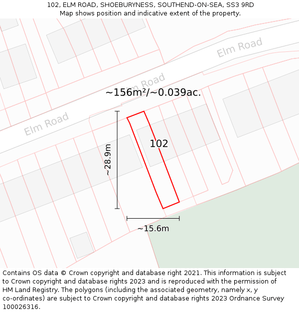 102, ELM ROAD, SHOEBURYNESS, SOUTHEND-ON-SEA, SS3 9RD: Plot and title map
