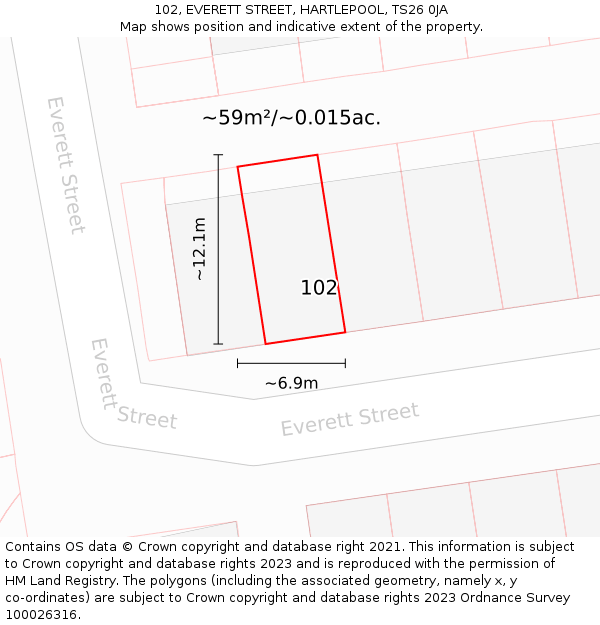 102, EVERETT STREET, HARTLEPOOL, TS26 0JA: Plot and title map