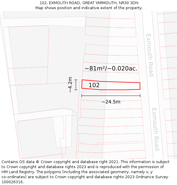102, EXMOUTH ROAD, GREAT YARMOUTH, NR30 3DN: Plot and title map