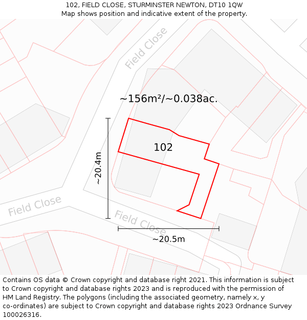 102, FIELD CLOSE, STURMINSTER NEWTON, DT10 1QW: Plot and title map