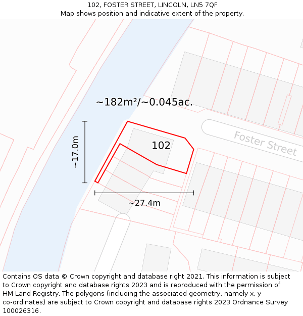 102, FOSTER STREET, LINCOLN, LN5 7QF: Plot and title map