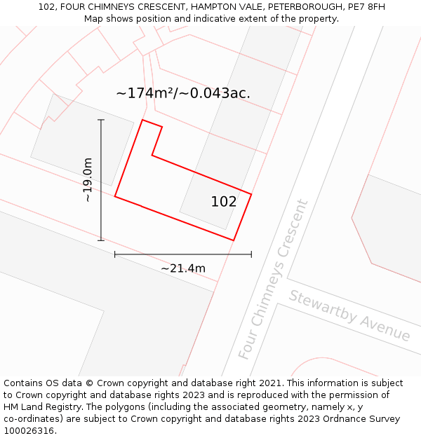 102, FOUR CHIMNEYS CRESCENT, HAMPTON VALE, PETERBOROUGH, PE7 8FH: Plot and title map
