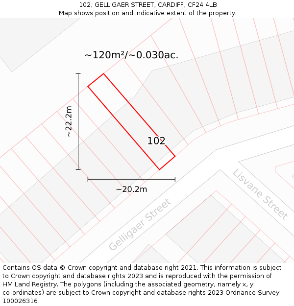 102, GELLIGAER STREET, CARDIFF, CF24 4LB: Plot and title map