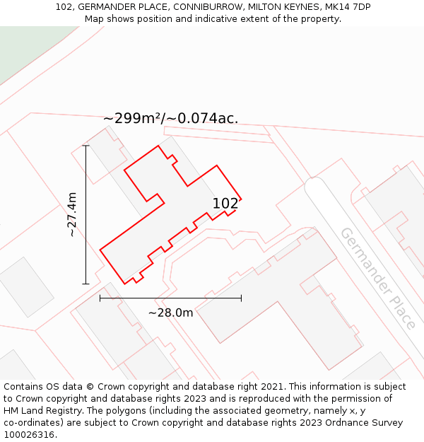 102, GERMANDER PLACE, CONNIBURROW, MILTON KEYNES, MK14 7DP: Plot and title map