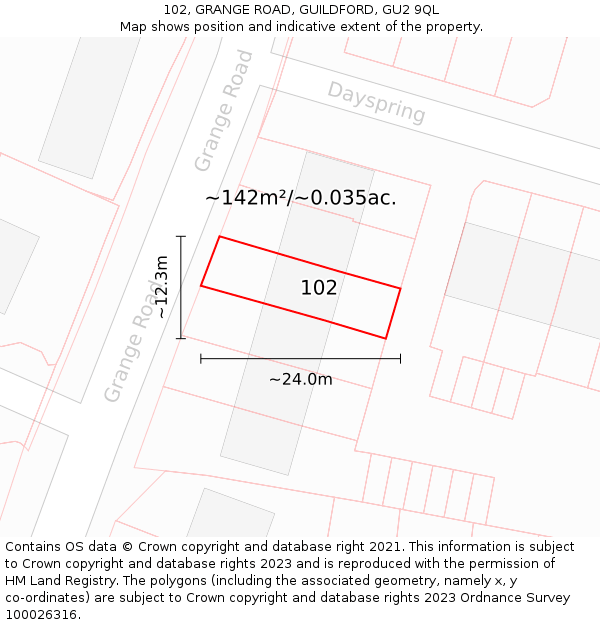 102, GRANGE ROAD, GUILDFORD, GU2 9QL: Plot and title map