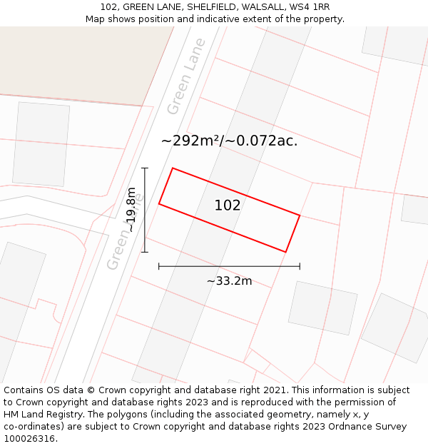 102, GREEN LANE, SHELFIELD, WALSALL, WS4 1RR: Plot and title map