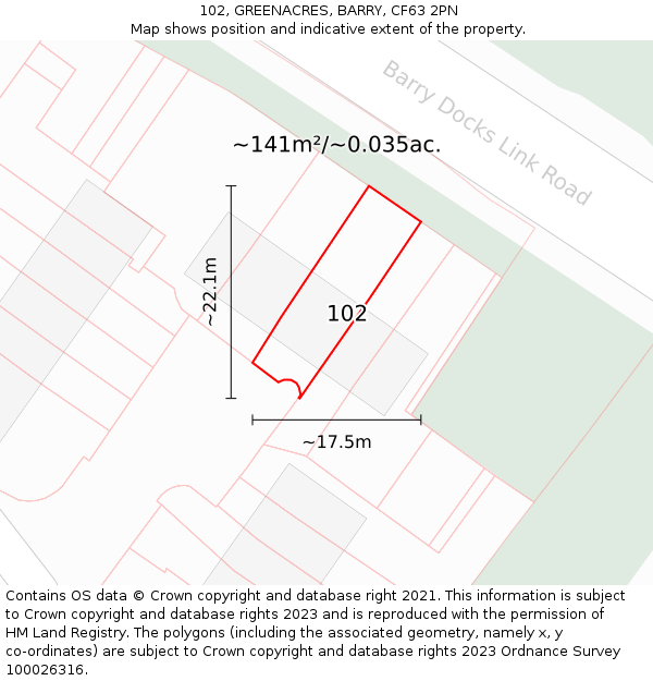 102, GREENACRES, BARRY, CF63 2PN: Plot and title map