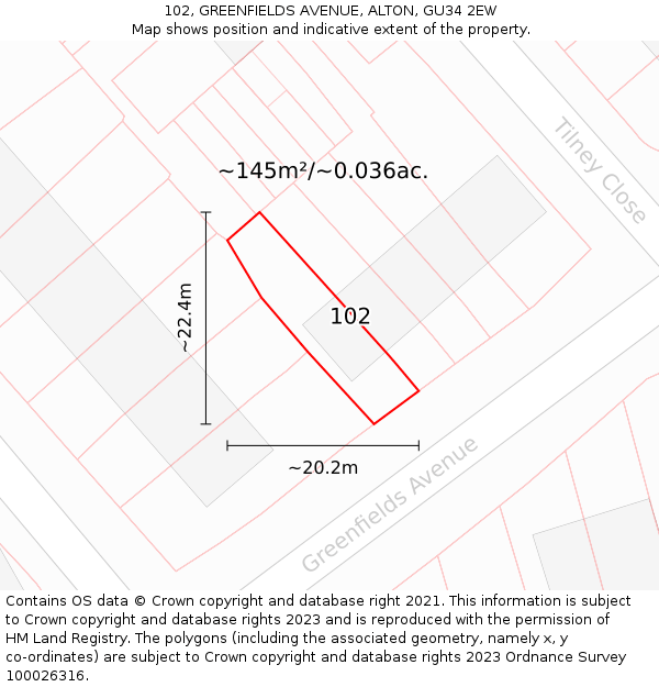 102, GREENFIELDS AVENUE, ALTON, GU34 2EW: Plot and title map