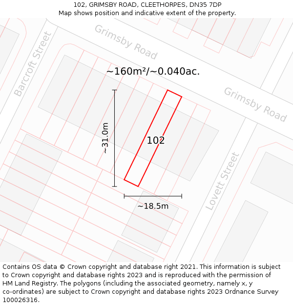 102, GRIMSBY ROAD, CLEETHORPES, DN35 7DP: Plot and title map