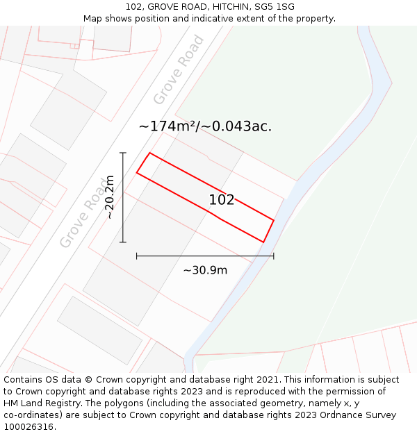 102, GROVE ROAD, HITCHIN, SG5 1SG: Plot and title map