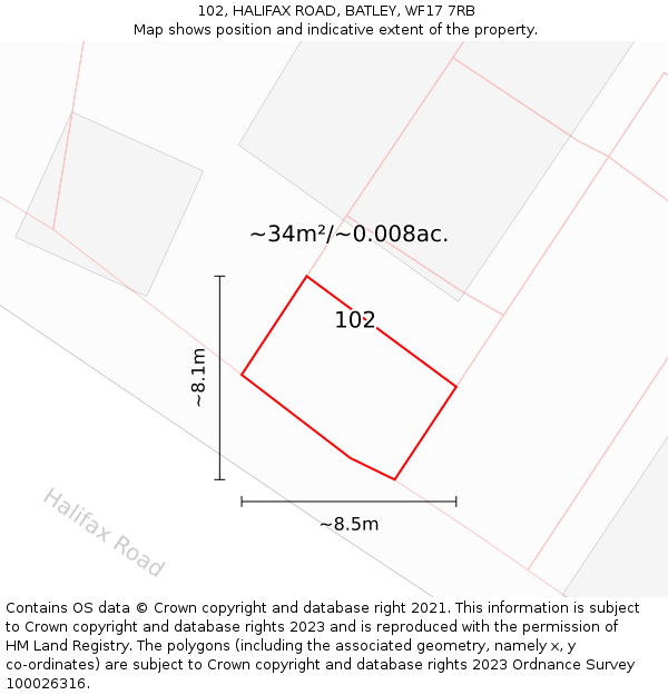 102, HALIFAX ROAD, BATLEY, WF17 7RB: Plot and title map