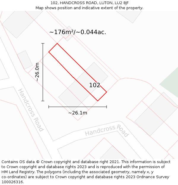102, HANDCROSS ROAD, LUTON, LU2 8JF: Plot and title map