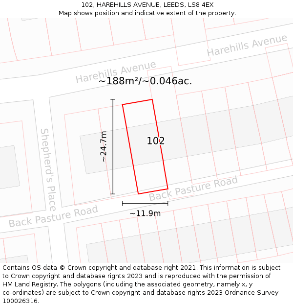 102, HAREHILLS AVENUE, LEEDS, LS8 4EX: Plot and title map